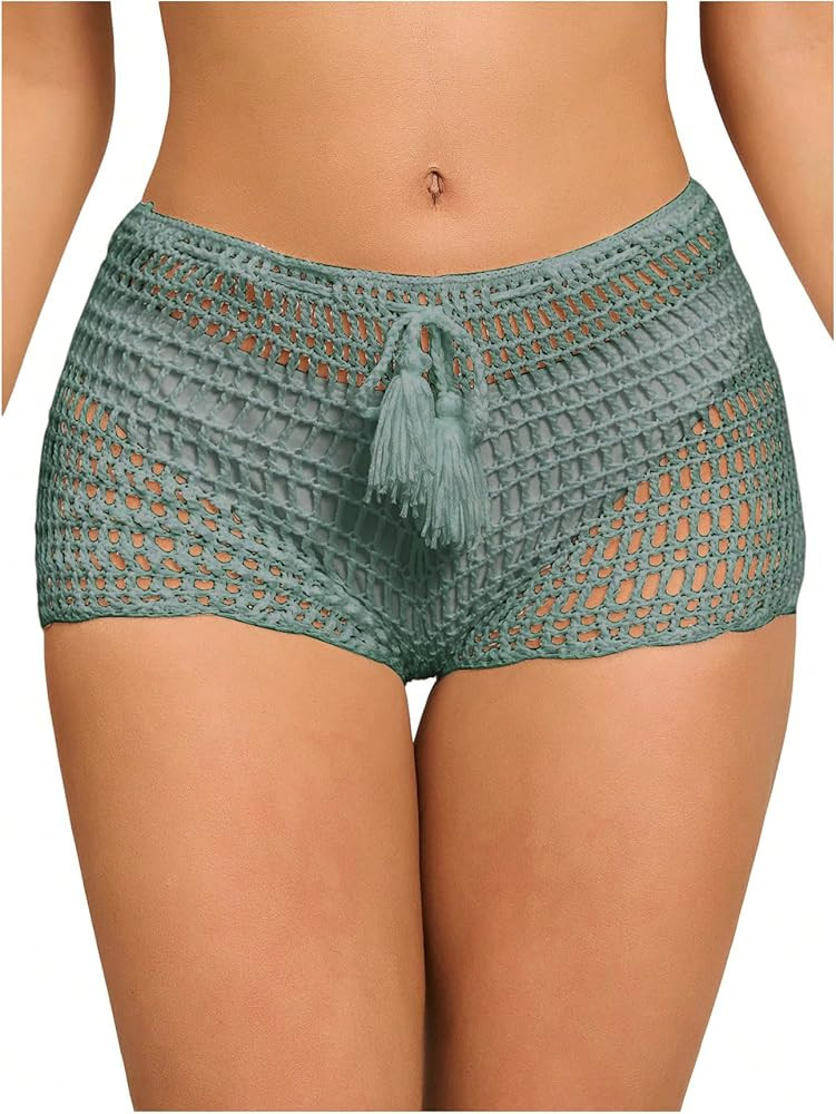 SHENHE Women's Crochet Coverups Hollow Out Tie Waist See Through Boho Shorts | Amazon (US)