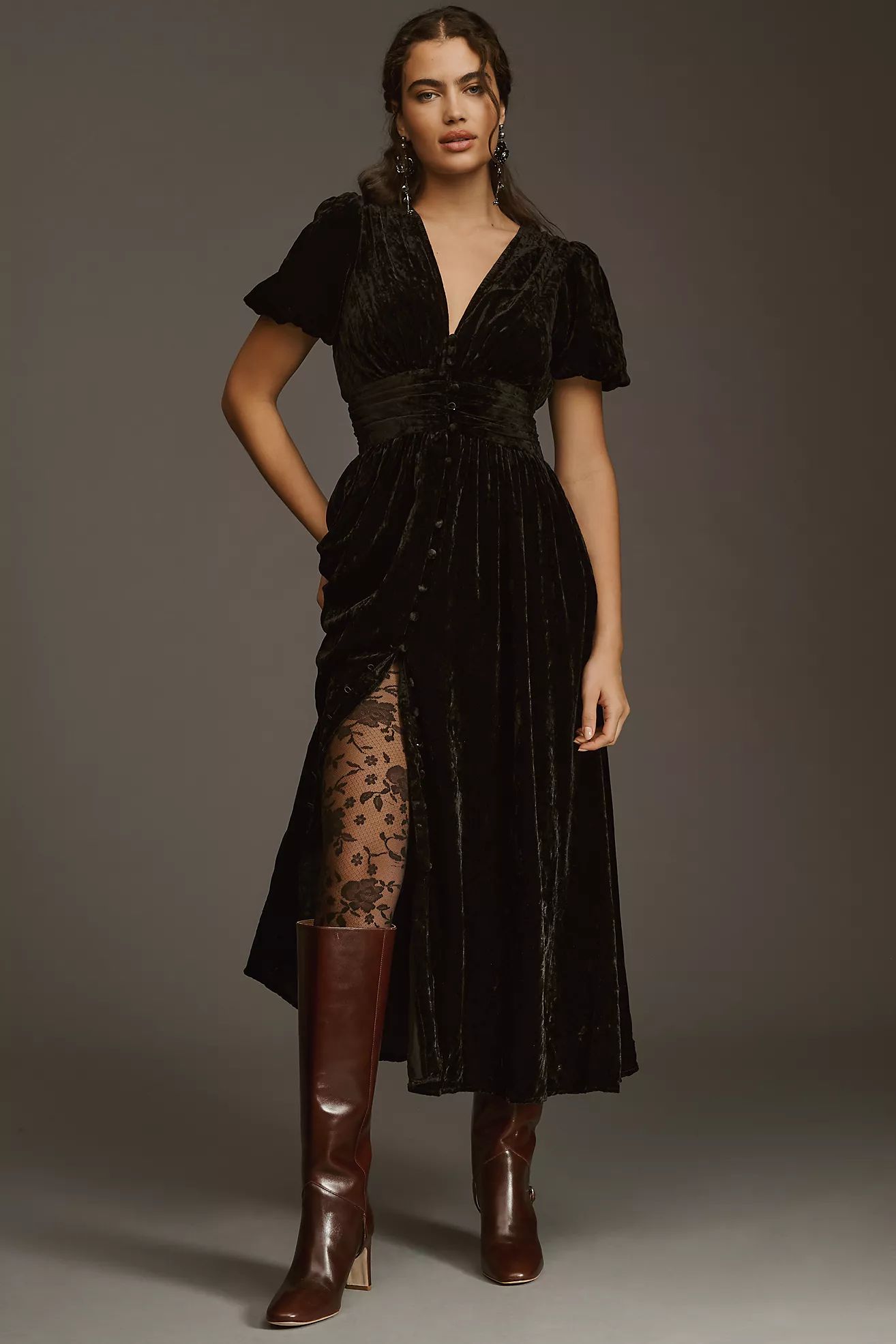 By Anthropologie Short-Sleeve V-Neck Velvet Midi Dress | Anthropologie (US)