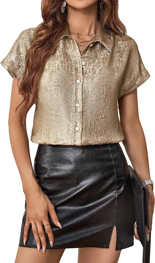 WDIRARA Women's Metallic Button Front Short Sleeve Shirt Collar Blouse Top | Amazon (US)