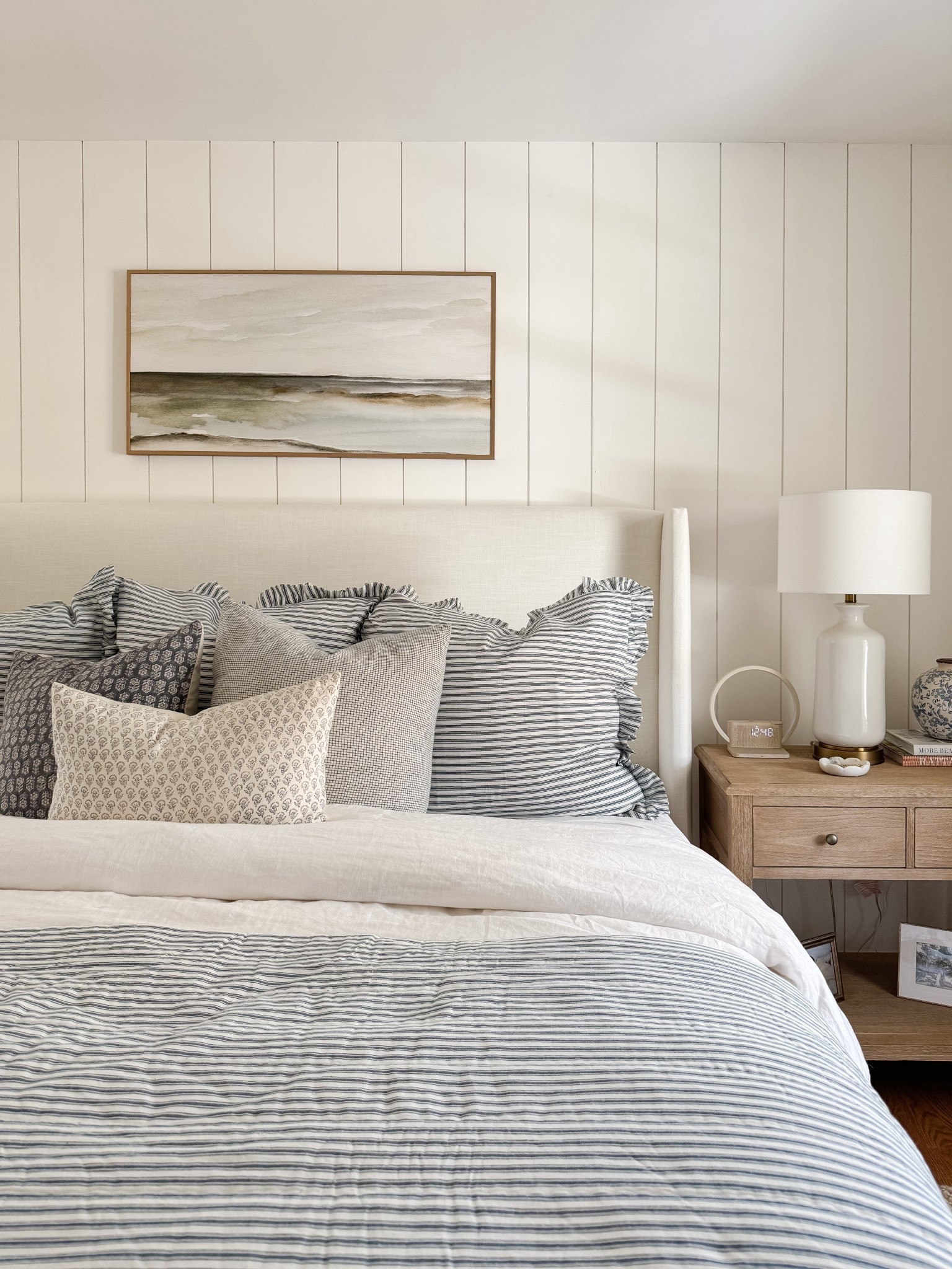 A cozy and welcoming coastal Wayfair bedroom 🤍 This bedding has the prettiest striped  pattern—and it’s such a great price point! It comes in several color options and washes well. Our Tilly bed is also on sale!! 

#LTKHome