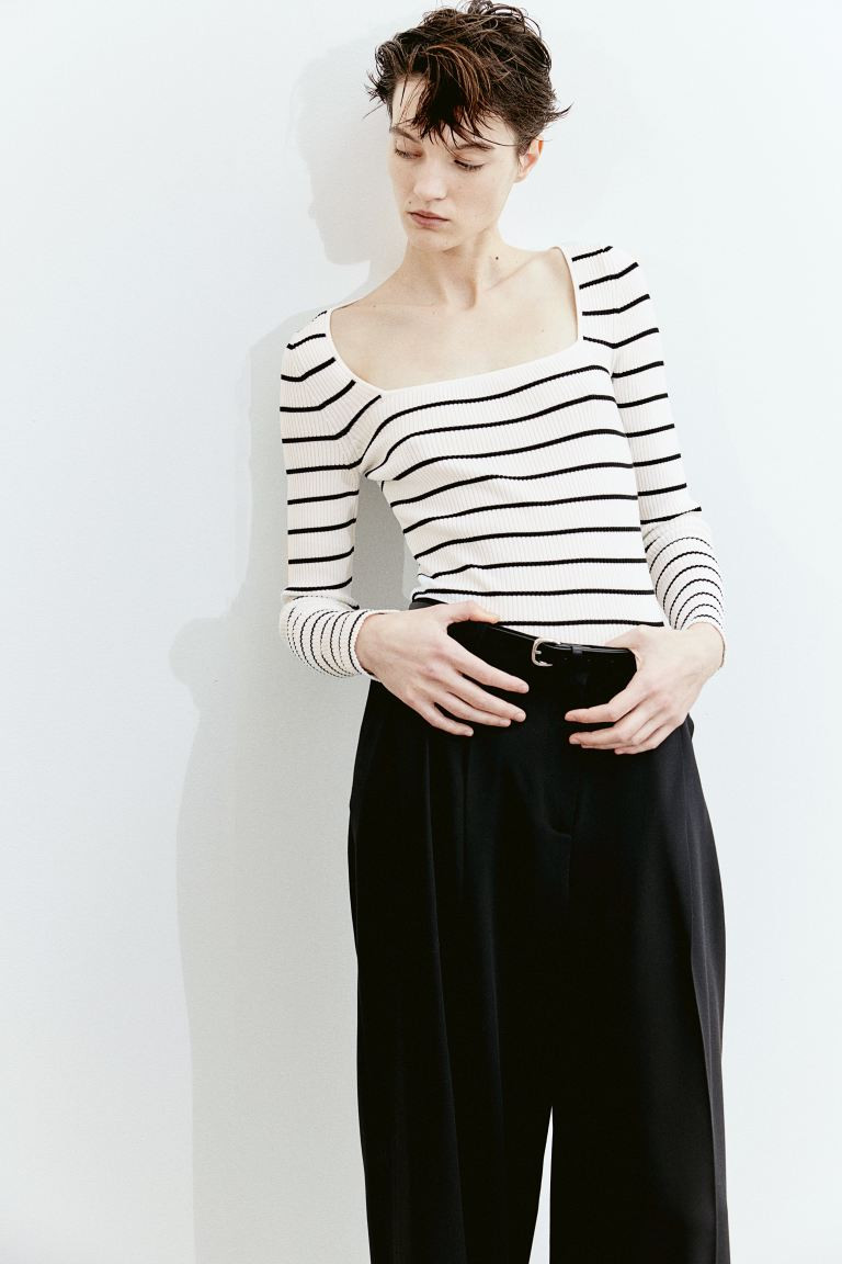 Square-neck Rib-knit Top - Square Neckline - Extra-long sleeve - White/black striped - Ladies | H... | H&M (US + CA)
