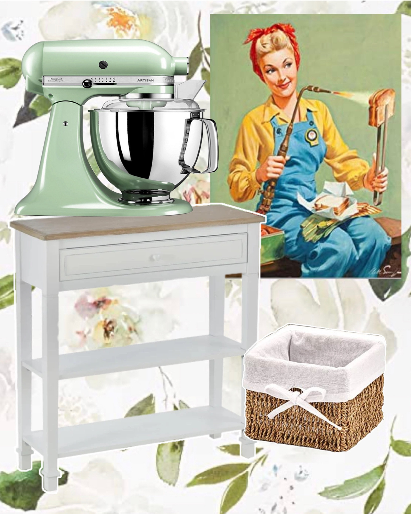 Furniture and decor for a girly, vintage and shabby chic style space with floral peel and stick wallpaper and lots of pastel green !

#LTKhome