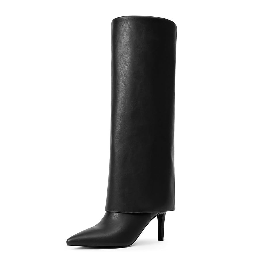 Knee High Boots Women Fold Over Boots Pointed Toe Stiletto Heel Long Shark Tall Boots with Zipper | Amazon (US)