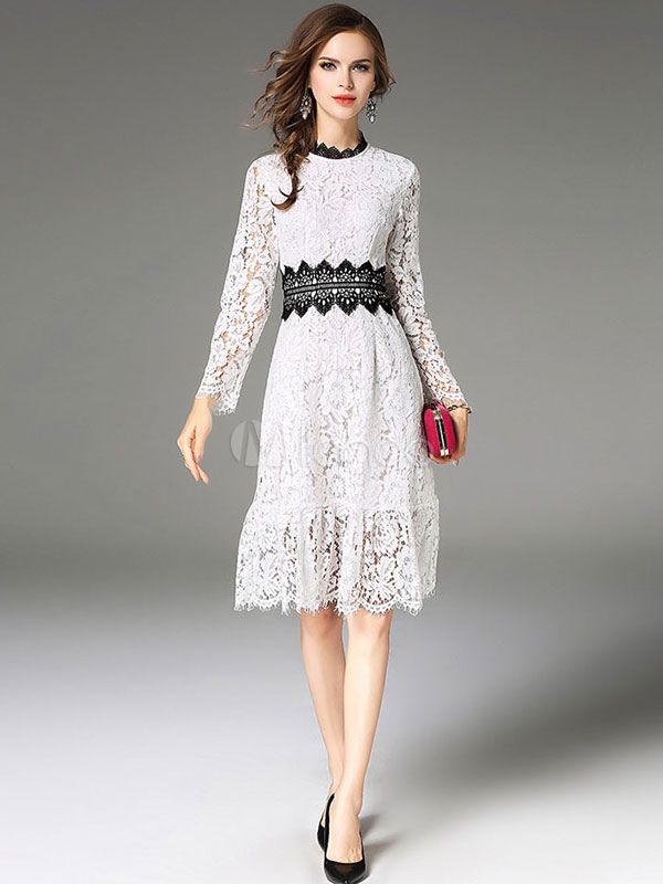 White Lace Dress Round Neck Long Sleeve Two Tone Shaping Women's Skater Dresses | Milanoo