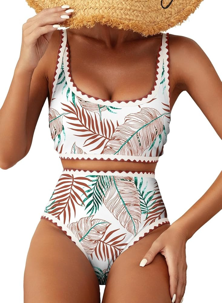 Herseas Women's Bikini Sets Floral Print Whip Stitch 2 Piece Swimsuits High Waisted Scoop Bathing... | Amazon (US)