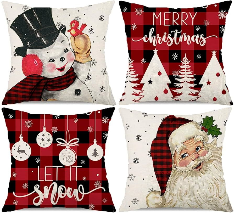Red Christmas Pillow Covers 18x18 Set of 4 Santa Snowman Snowflake Farmhouse Buffalo Christmas De... | Amazon (US)