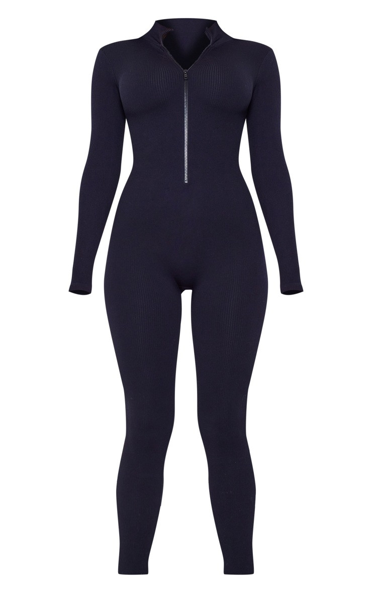 Black Structured Snatched Rib Zip Jumpsuit | PrettyLittleThing US