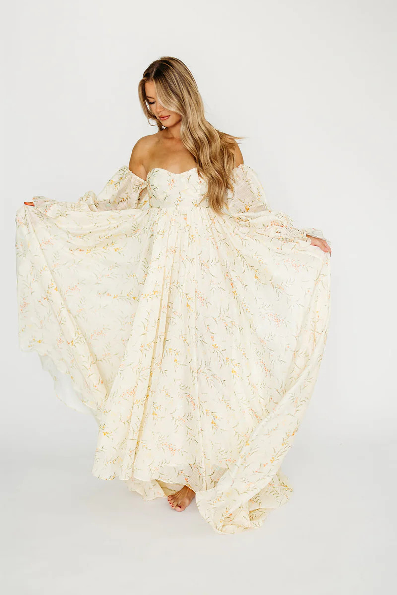 Delilah Maxi Dress With Train in Cream Floral - Bump Friendly | Worth Collective