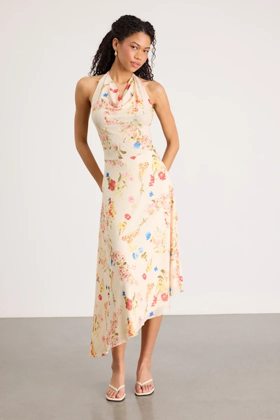Asa Cream Floral Halter Asymmetrical Midi Dress | spring fashion 2026 | Lulus
