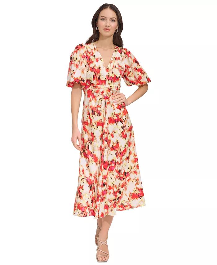 DKNY Women's Printed V-Neck Short-Sleeve Satin Dress - Macy's | Macy's