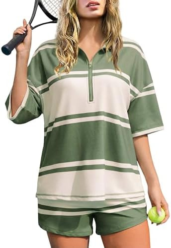 Totatuit Striped Short Sets for Women 2 Piece Outfits Summer Tracksuit Oversized Workout Travel L... | Amazon (US)