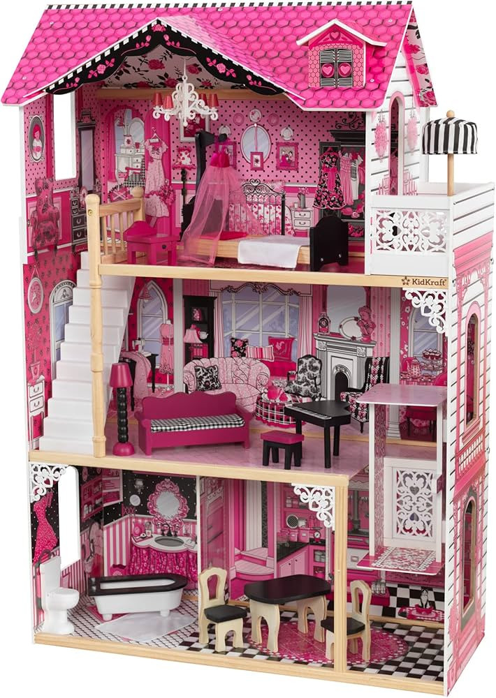 KidKraft Amelia Wooden Dollhouse with Elevator, Balcony and 15-Piece Accessories, Pink, Gift for ... | Amazon (US)