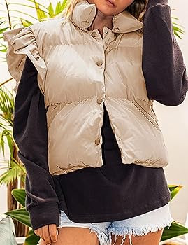 Himosyber Womens Cropped Puffer Vest Ruffle Sleeve Button Down Jacket Stand Collar Winter Warm Pa... | Amazon (US)