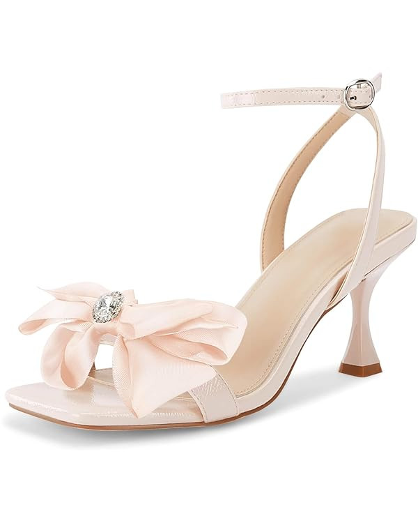 Coutgo Women's Bow Knot Heeled Sandals Rhinestone Kitten Heels Open Toe Ankle Strap Dress Pump Sh... | Amazon (US)