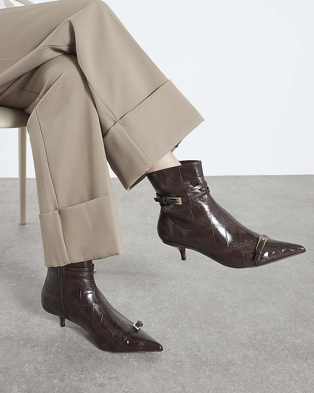 Brown Croc Textured Kitten Heel Boots | River Island UK & IE