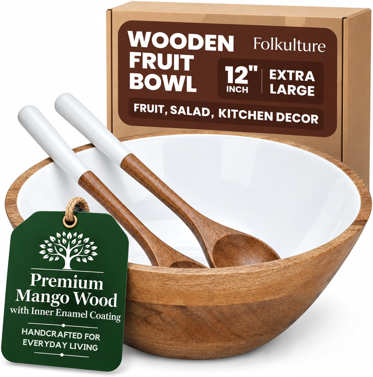 Folkulture Wooden Salad Bowl with Salad Servers, Mango Wood, White | Amazon (US)