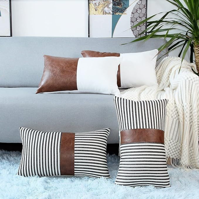 Faux Leather Lumbar Pillow Covers 12x20 Inch Set of 4 Black Stripe Modern Farmhouse Rectangular P... | Amazon (US)