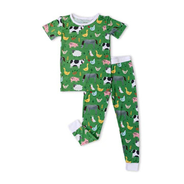 Green Farm Animals Two-Piece Short Sleeve Bamboo Viscose Pajama Set | Little Sleepies
