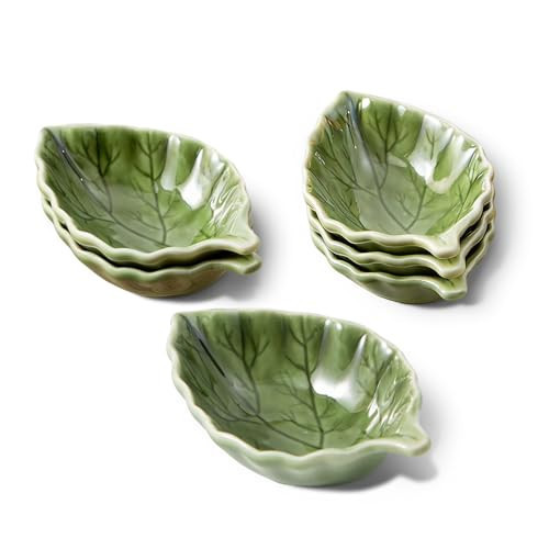 YumiPLUS 6pcs Ceramic Dipping Bowls, Small Size Green Leaf-Shaped Soy Sauce Dish for Sushi, Mini Condiments, Snacks, Small Salad Dressing Bowls, Microwave & Dishwasher Safe | Amazon (US)