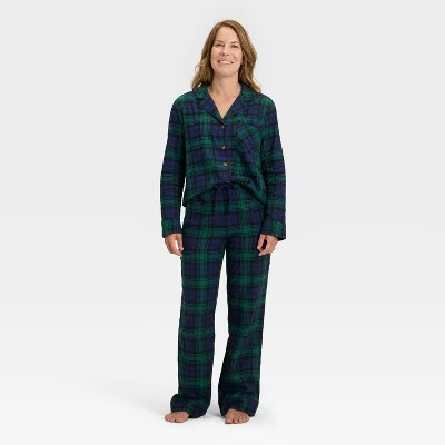 Women's Plaid Flannel Long Sleeve Shirt and Pants Holiday Matching Family Pajama Set - Wondershop™ Navy Blue XL | Target