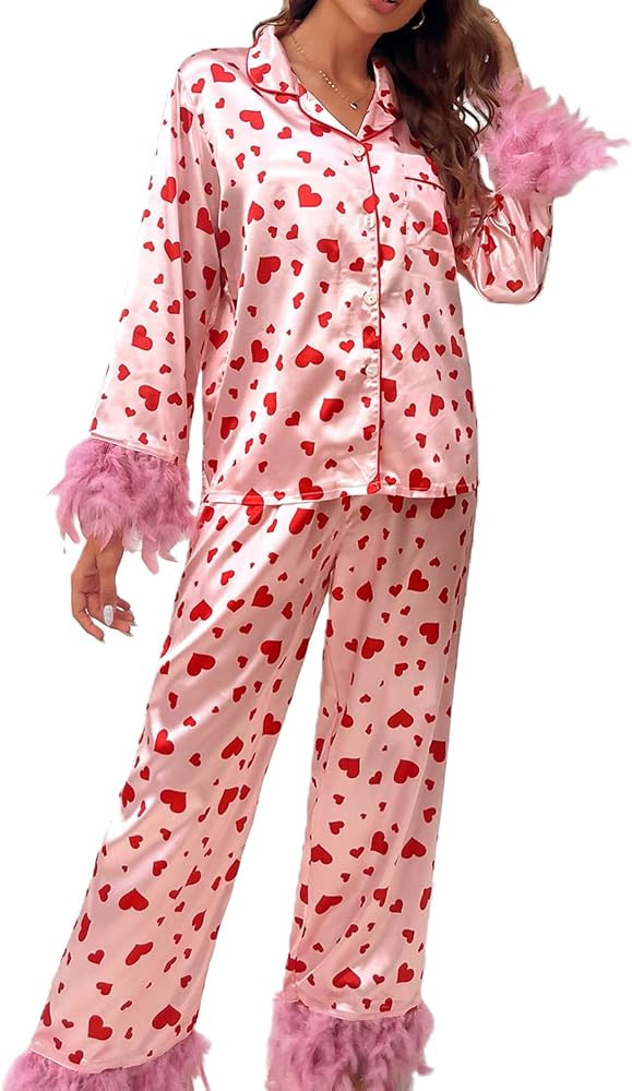 Faretumiya Satin Heart Print Pajama Set Women Long Sleeve Feather Tim Love Pjs Set Button Shirt T... | Amazon (US)