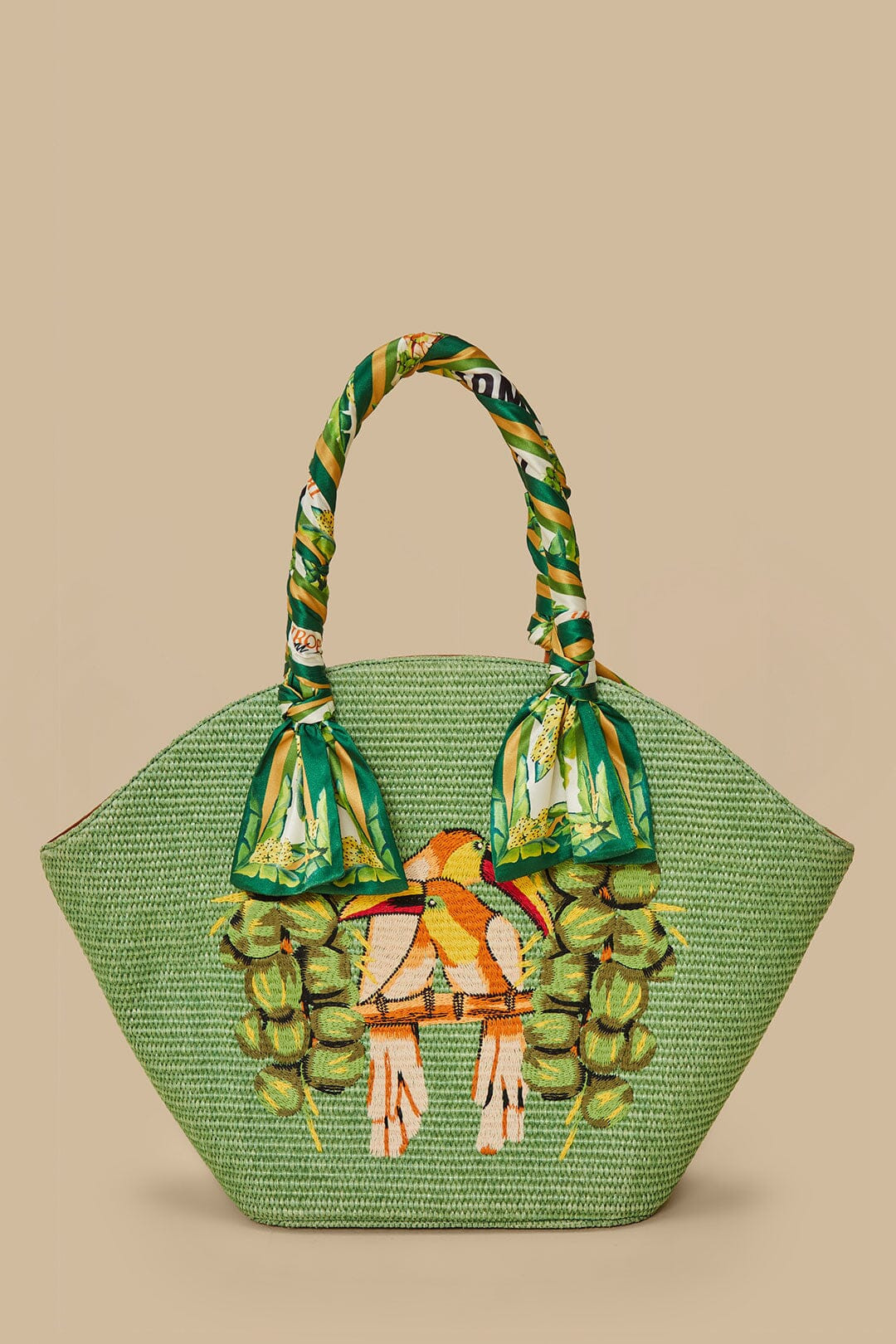 Green Coconut Toucan Raffia Shell Tote | FarmRio (US)