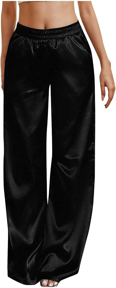 Silk Satin Pajama Pants for Women Elastic Waist Casual Loose Lounge Pants with Pockets Flowy Wide... | Amazon (CA)