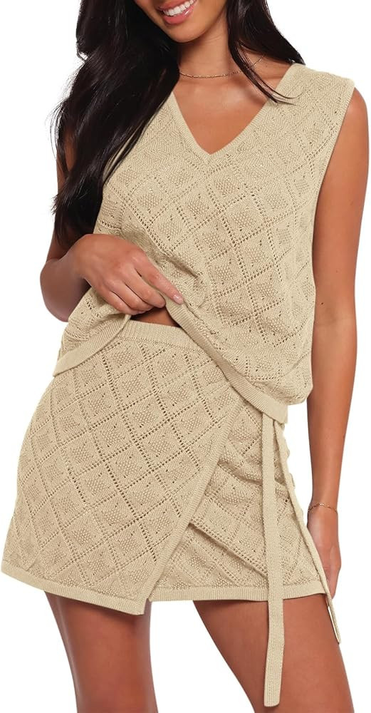 Fisoew Womens 2 Piece Crochet Swimsuit Cover Ups Sleeveless V Neck Tank Tops Wrap Skirt Sets Beac... | Amazon (US)