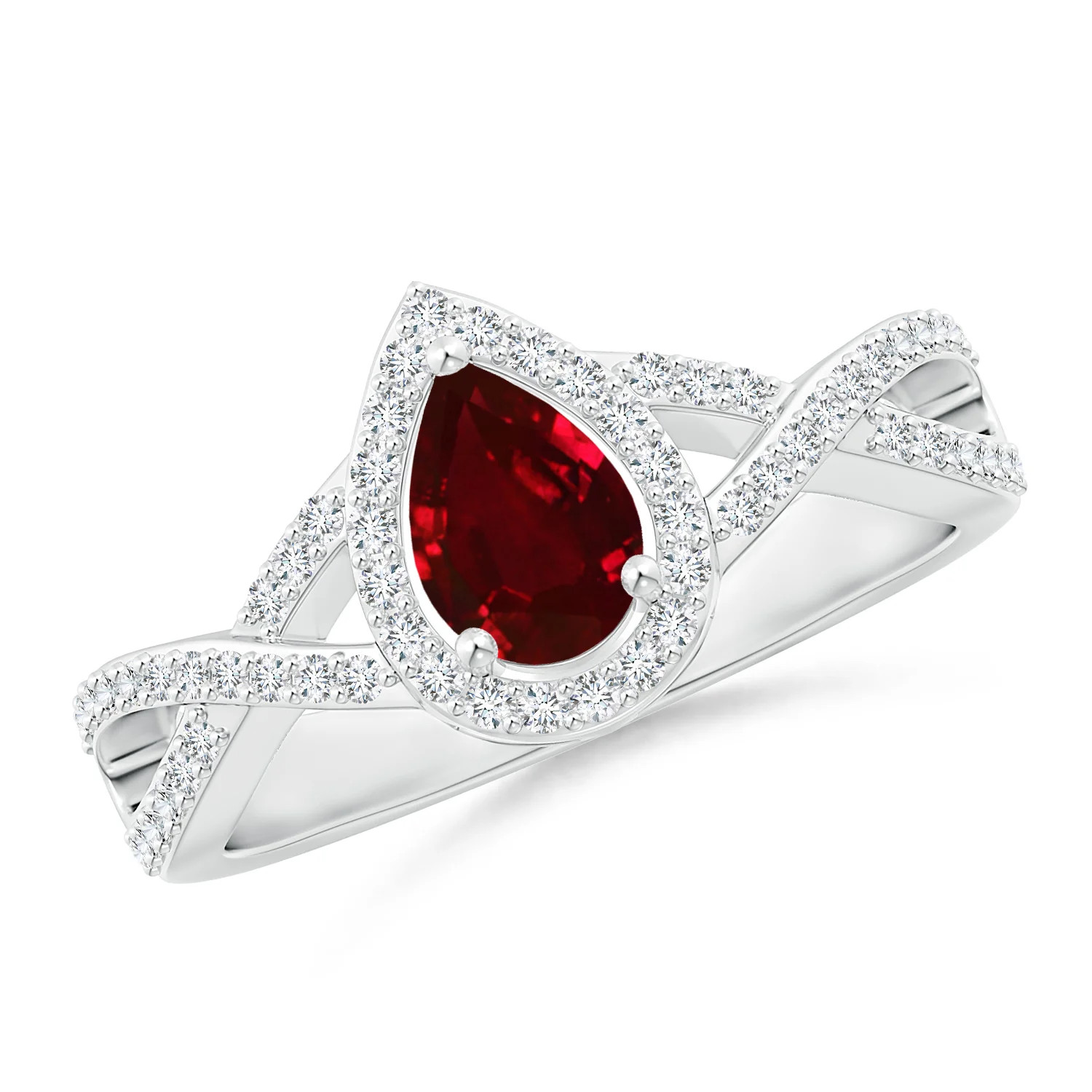 Twist Shank Pear Ruby Ring with Diamond Halo | Angara Inc.