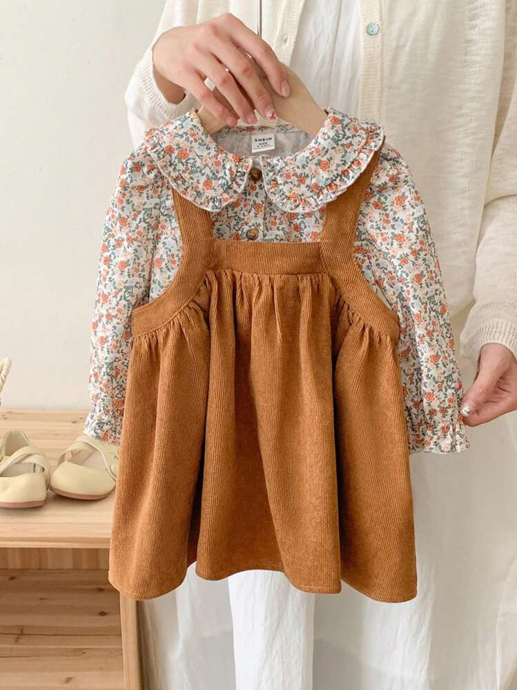 SHEIN Baby Girl Autumn And Winter Cute Floral Pattern Long Sleeve Peter Pan Collar Shirt Corduroy... | SHEIN