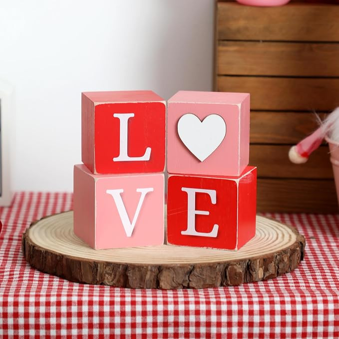 Valentine's Day Decor, 4pcs Love XOXO Wooden Blocks, Valentine‘s Day Wood Love Sign Table Cente... | Amazon (US)