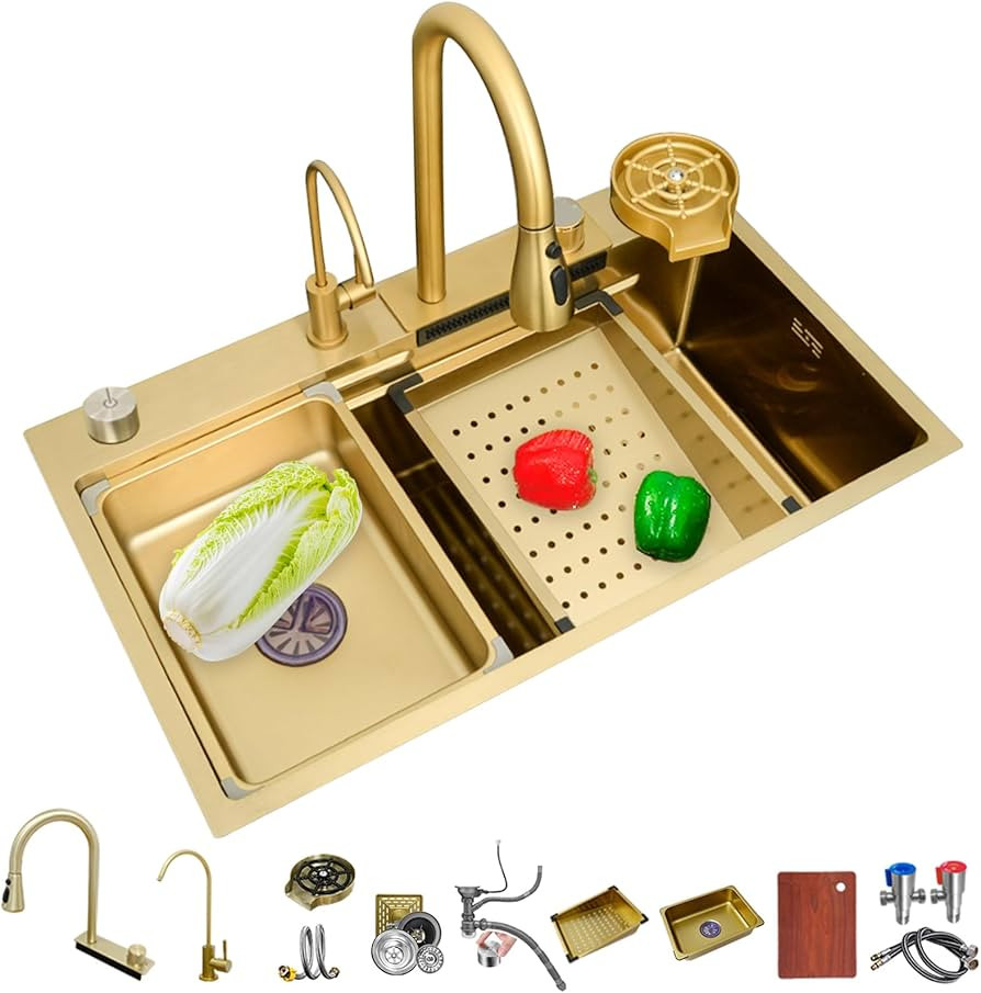 ‎Ribanedy 31.5 Inch Gold Waterfall Kitchen Sink, Drop In Stainless Steel Workstation Kitchen Si... | Amazon (US)
