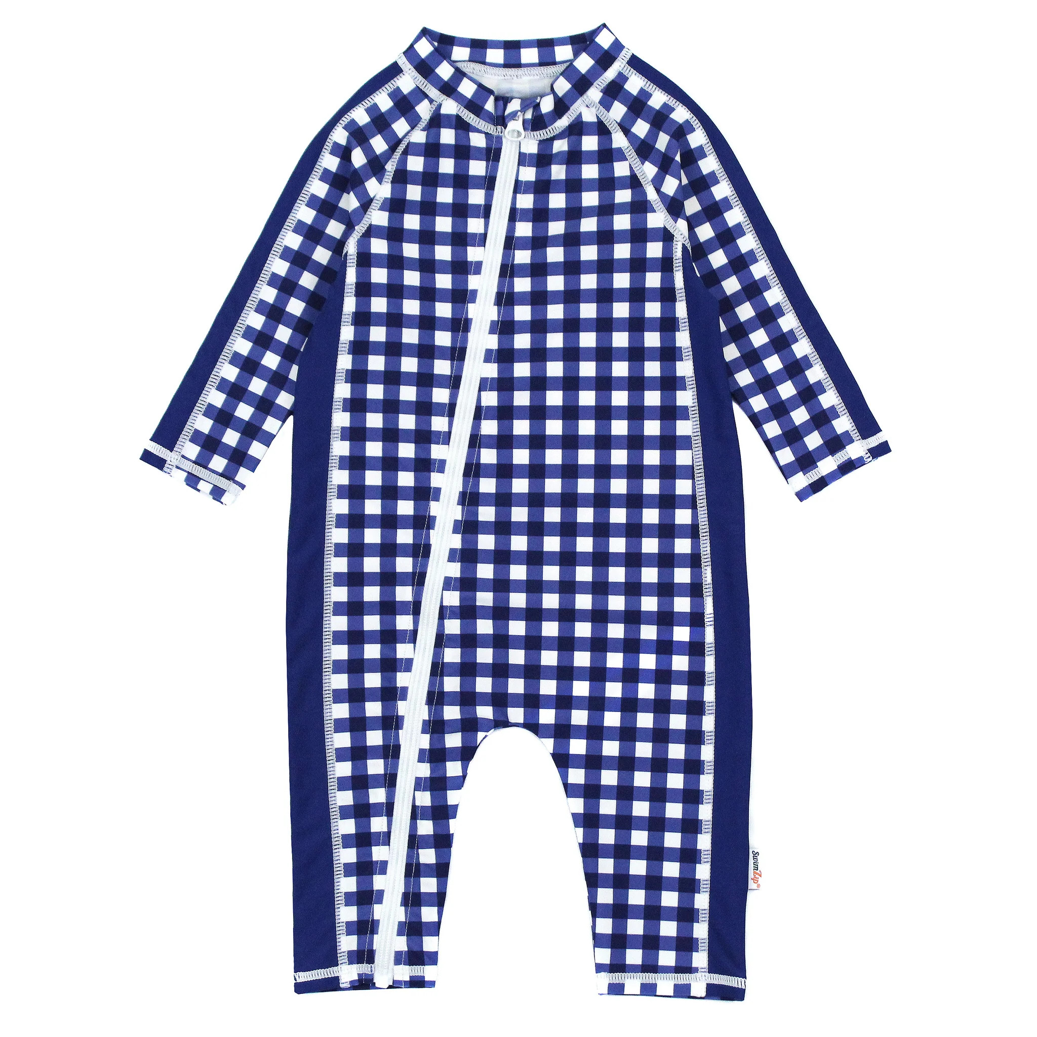Sunsuit - Long Sleeve Romper Swimsuit | "Navy Gingham" | SwimZip