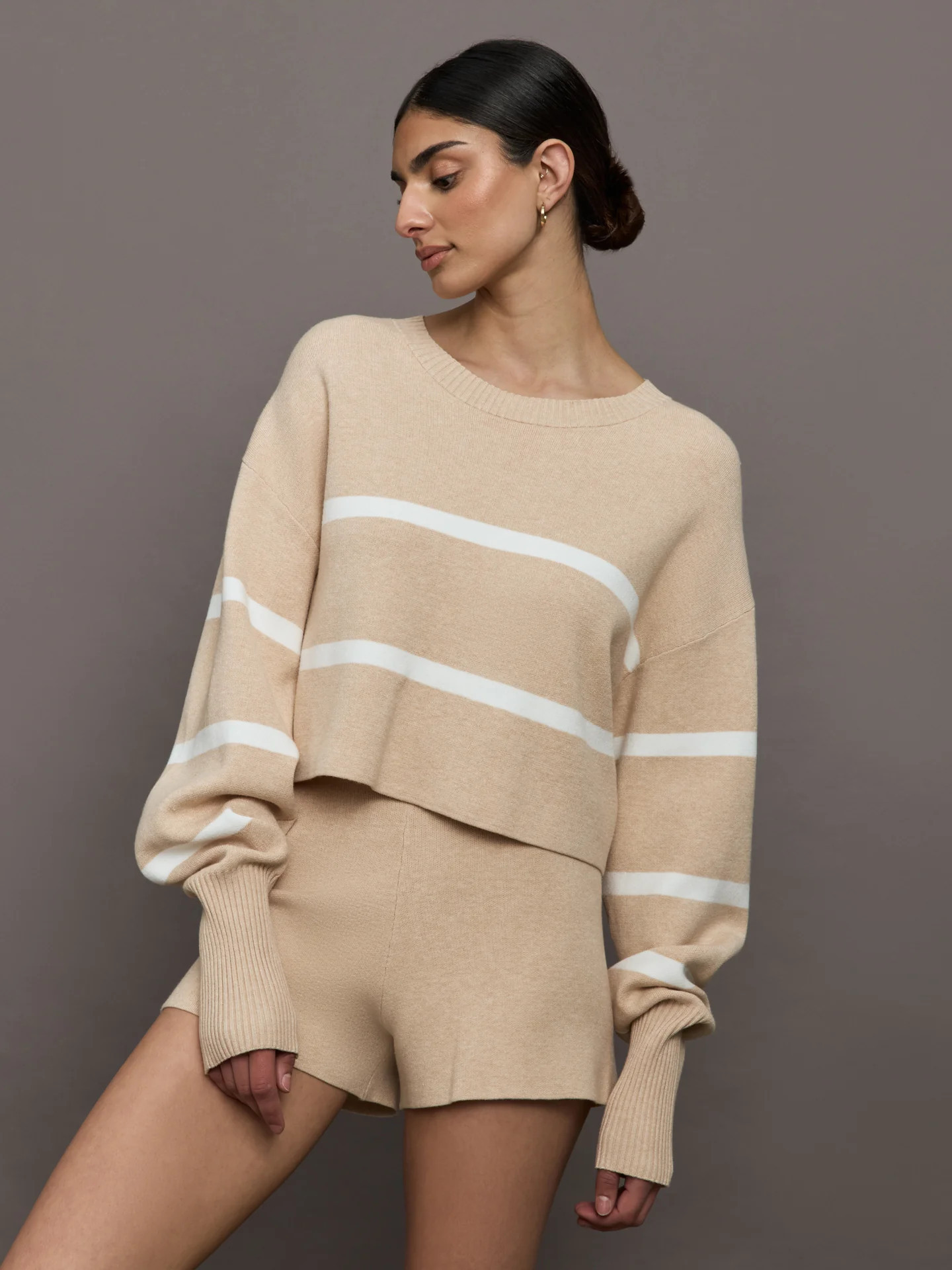Lune Olly Cropped Striped Sweater - Beige Melange - Size XL | Carbon38