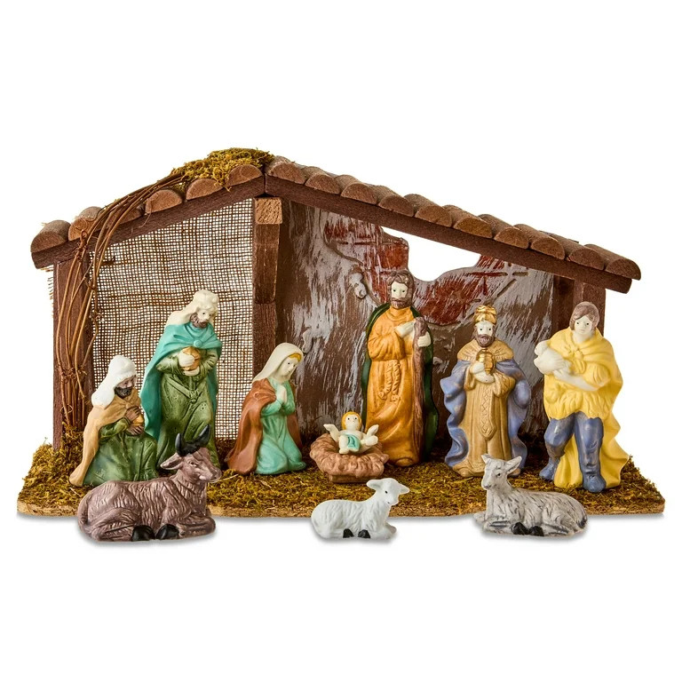 Porcelain Indoor Nativity Scene Set with Wooden Stable, 12 Pieces, by Holiday Time | Walmart (US)