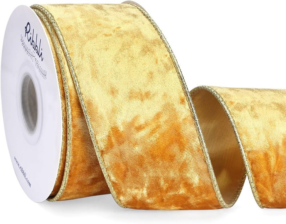 Ribbli Cinta de terciopelo dorado con alambre de 2.5 pulgadas, cinta de Navidad de terciopelo tri... | Amazon (US)