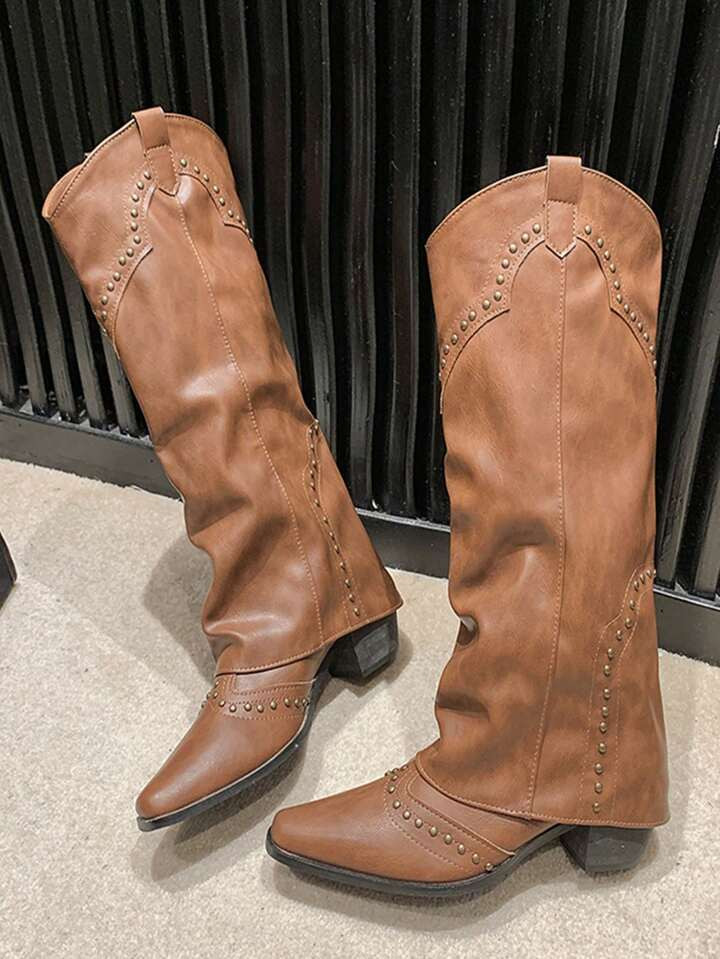 Retro Rivet High-Cut Bootcut French Style Women's Boots, Versatile Western Knight Boots, Short Wo... | SHEIN
