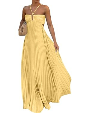 Halter Pleated Maxi Dress for Women Cross Neck Cutout Maxi Dresses Summer Backless Elegant Flowy ... | Amazon (US)