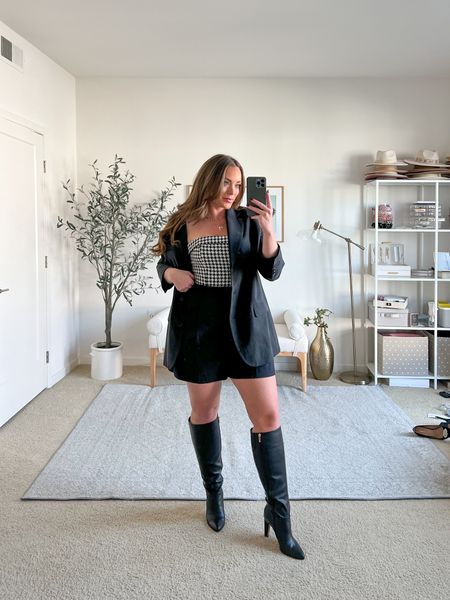 Holiday date night outfit ♥️ I love this houndstooth off shoulder top paired with black shorts or a black skirt! Jeans or leather trousers would work too! 
Knee high boots are super comfortable!
Blazer size US6
Top M

#LTKSeasonal #LTKmidsize #LTKHoliday
