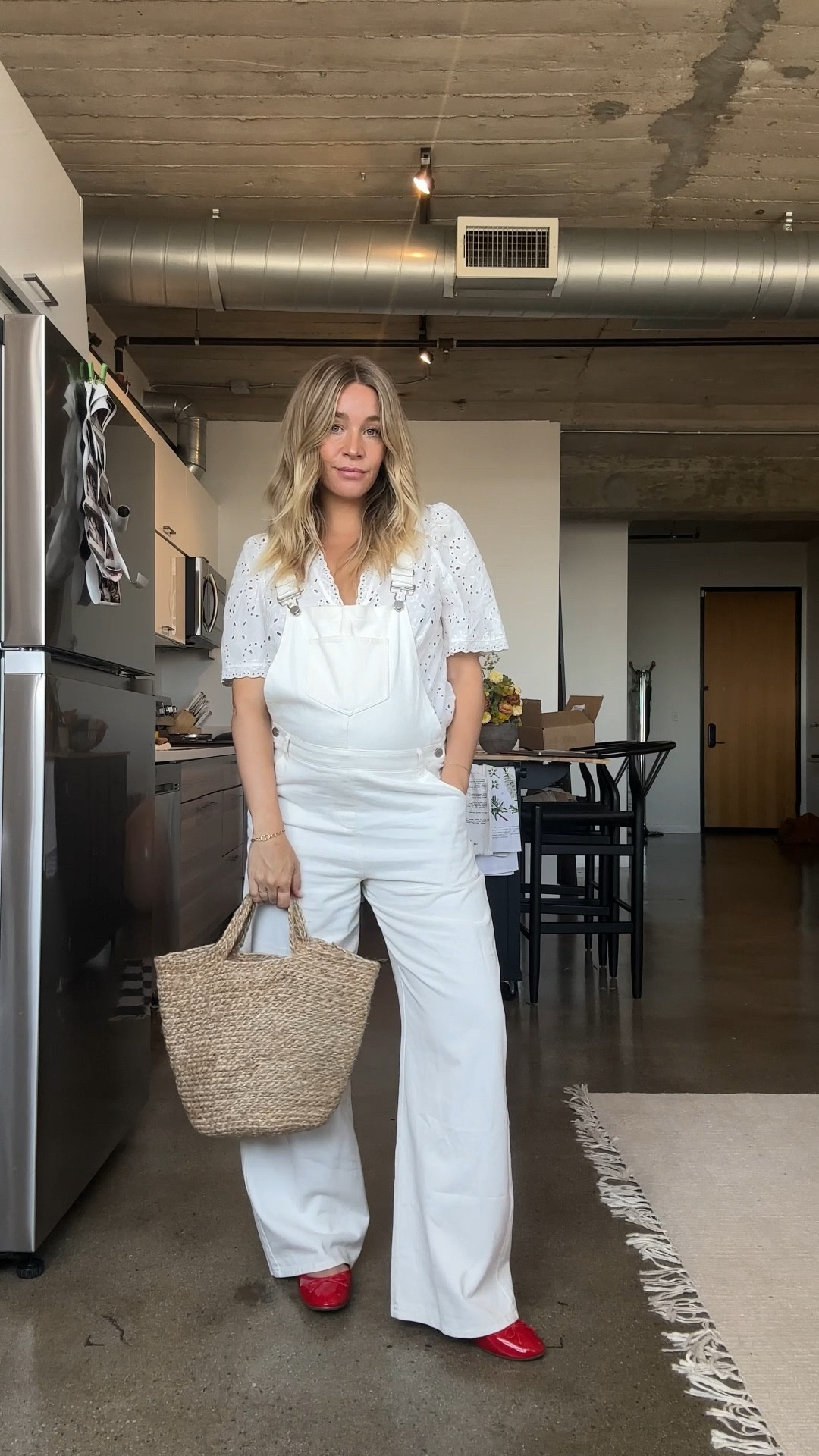 All white outfit for 4th of July! White overalls styled with an eyelet blouse, red flats, natural soft basket bag, and some mixed metal jewelry!  

#LTKshoecrush #LTKbump #LTKstyletip