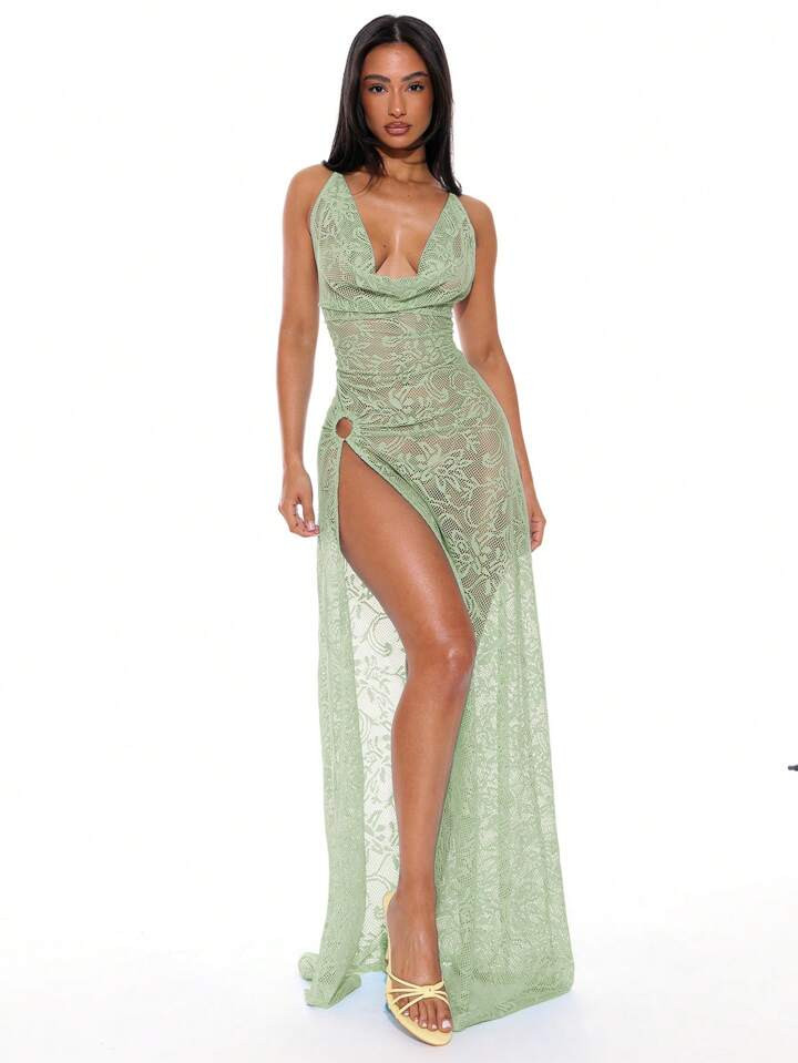 Musera Resort Halterneck Draped Ring Detail Sexy Side Leg Split Lace Maxi Dress Cover Up For Summer Spring Holiday Vacation Club Ibiza Beachwear | SHEIN