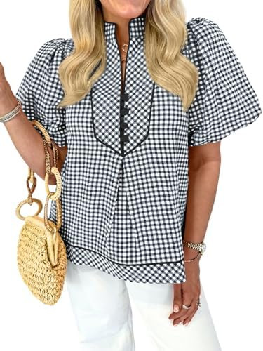 Tankaneo Womens Puff Short Sleeve Blouse Gingham Button Shirts V Neck Tops | Plaid,Babydoll,Ruffl... | Amazon (US)