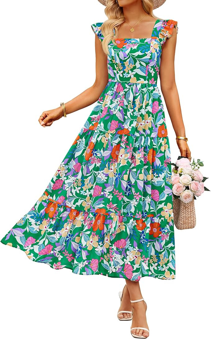 ZESICA Women's Summer Boho Floral Midi Dress 2026 Casual Ruffle Cap Sleeve Beach Wedding Guest Fl... | Amazon (US)