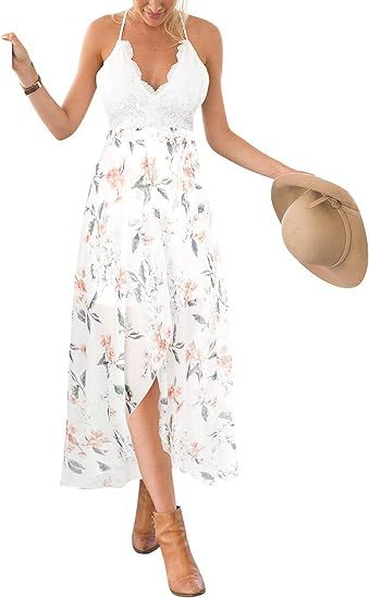 Blooming Jelly Women's Deep V Neck Sleeveless Summer Asymmetrical Floral Maxi Dress | Amazon (US)
