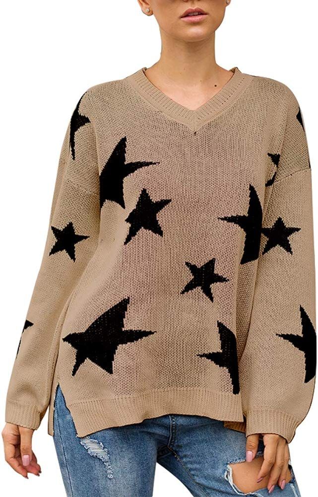 Women’s Winter V Neck Lantern Long Sleeve Star Color-Block Split Knit Sweater Pullover Tops | Amazon (US)