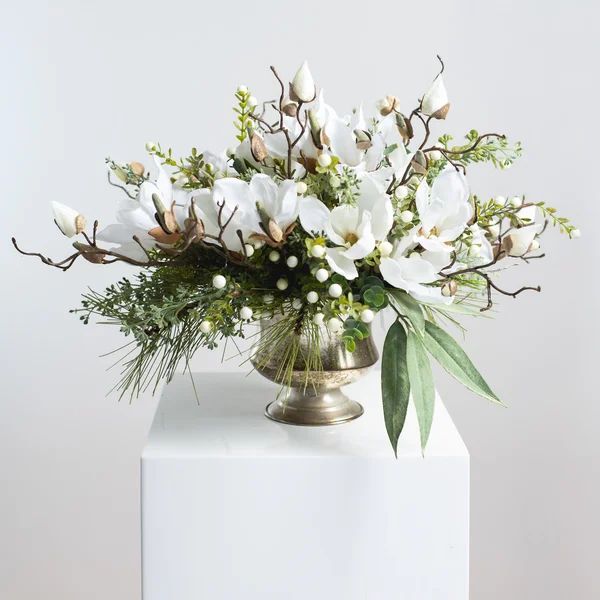 Magnolia, Pine and Snowberry Mixed Floral Arrangement in Vase | Wayfair North America
