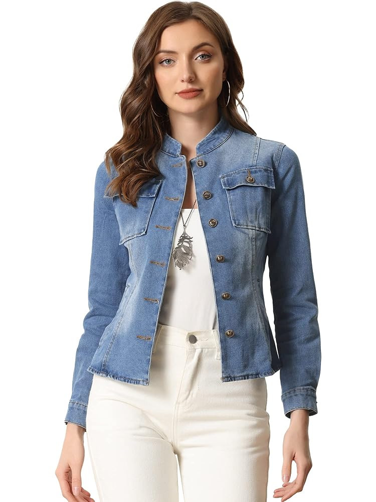 Allegra K Casual Denim Jacket for Women's Classic Stand Collar Long Sleeve Jean Jacket | Amazon (US)