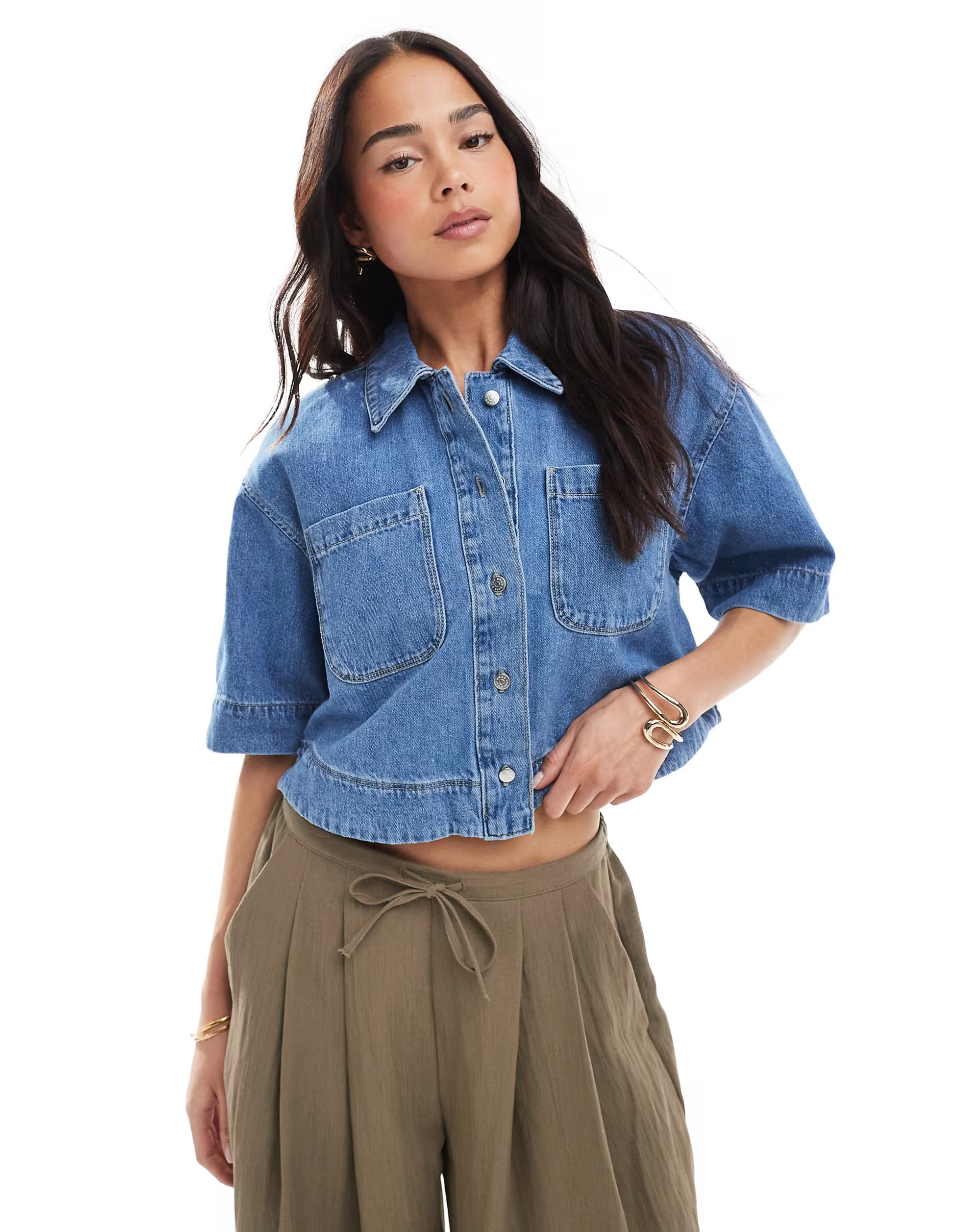 ONLY boxy cropped denim shirt in mid wash blue | ASOS | ASOS (Global)
