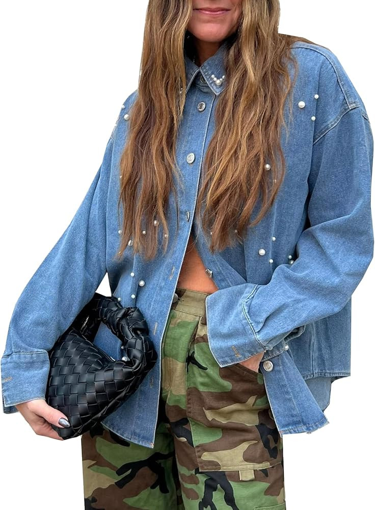 Women's Button Down Denim Shirt Pearl Beading Collared Casual Long Sleeve V Neck Jean Tops | Amazon (US)