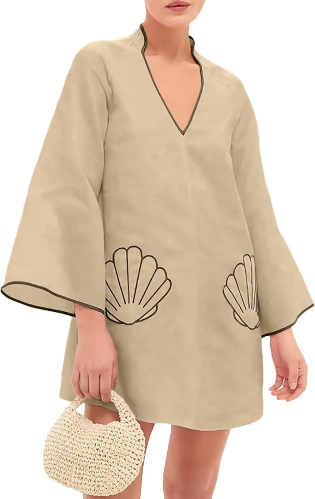 Women Shell Embroidery Beach Cover Up Mini Dress V Neck 3/4 Bell Sleeves Loose Fit Babydoll Skirt... | Amazon (US)